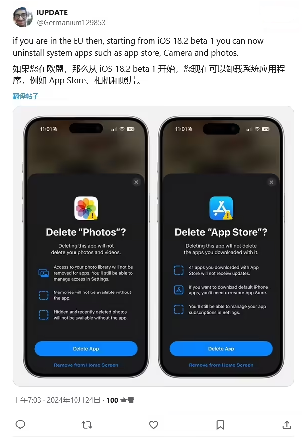 泉港苹果手机维修分享iOS 18.2 支持删除 App Store 应用商店 