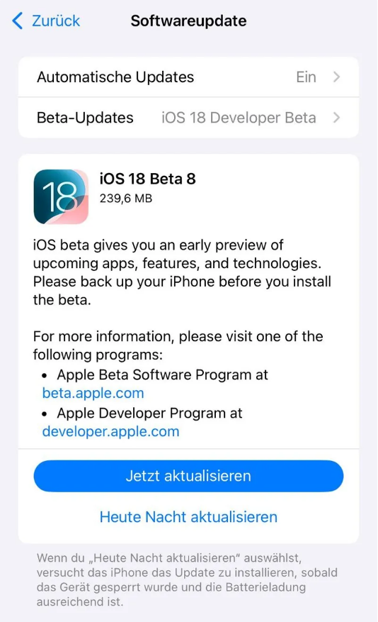 泉港苹果手机维修分享苹果 iOS / iPadOS 18 开发者预览版 Beta 8 发布 